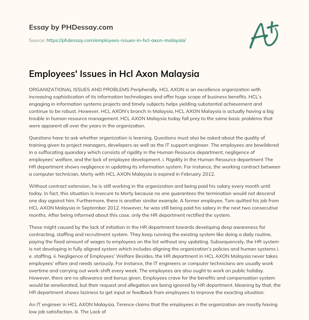 Employees’ Issues in Hcl Axon Malaysia essay