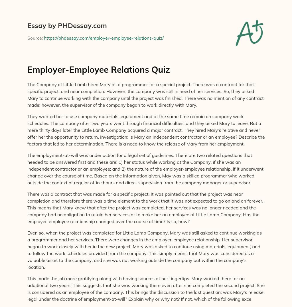 Employer-Employee Relations Quiz essay