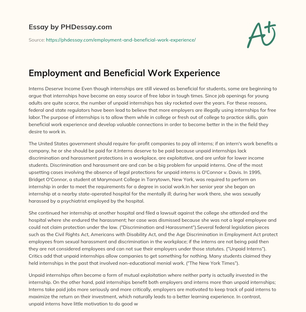 Employment and Beneficial Work Experience essay