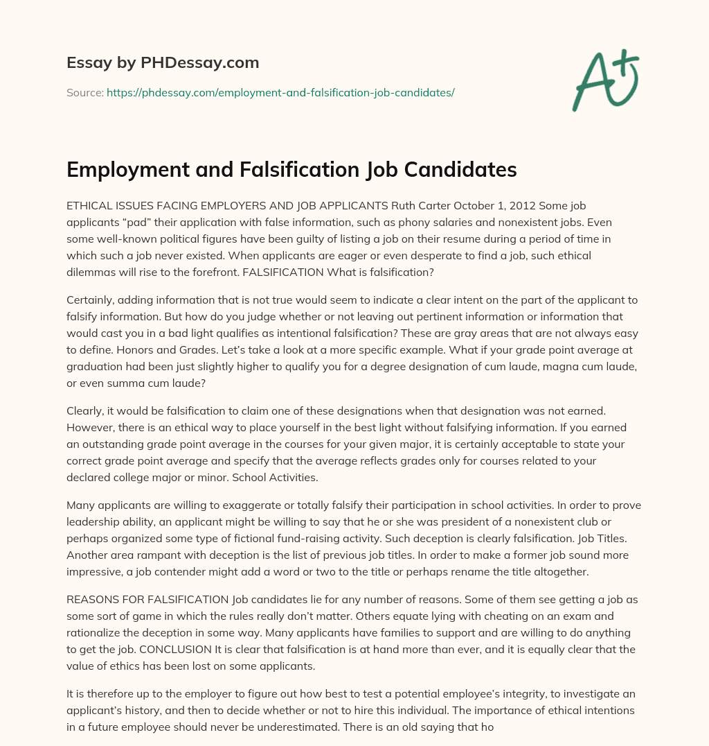 Employment and Falsification Job Candidates essay