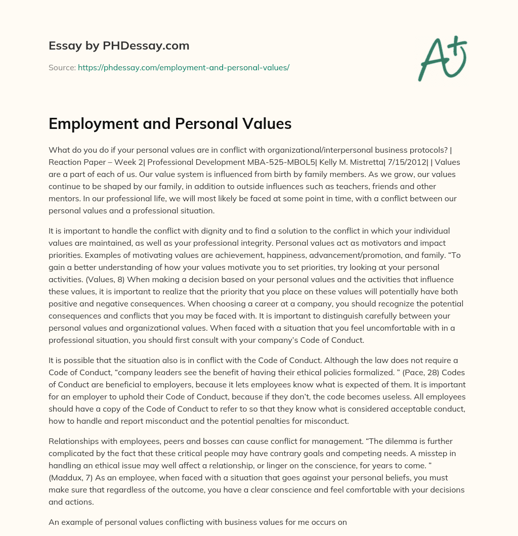 Employment and Personal Values essay