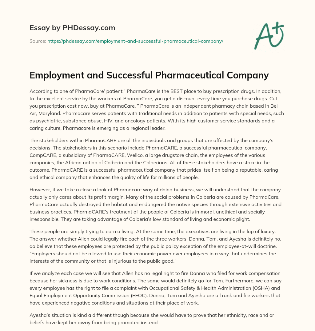 Employment and Successful Pharmaceutical Company essay