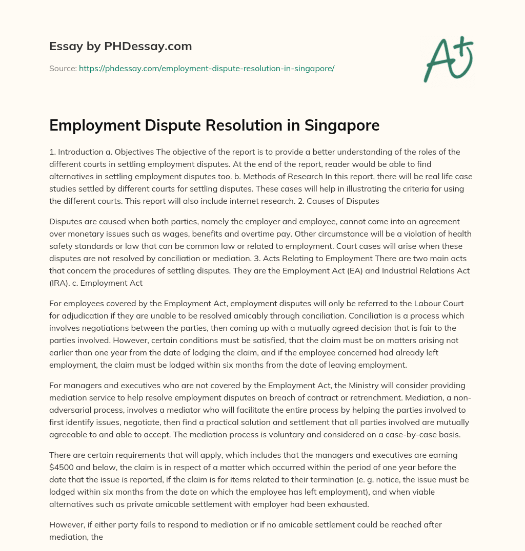 Employment Dispute Resolution in Singapore essay