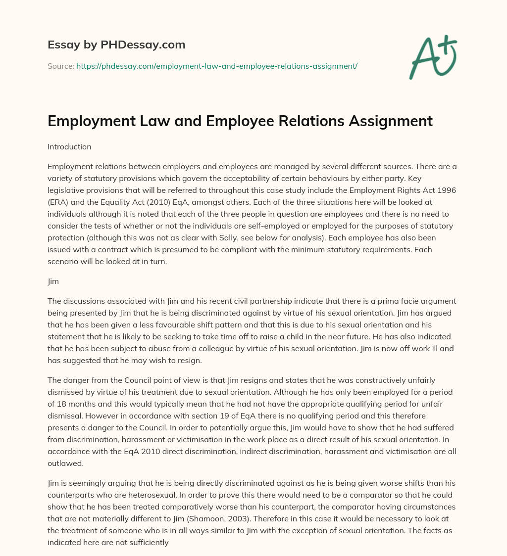 Employment Law and Employee Relations Assignment essay