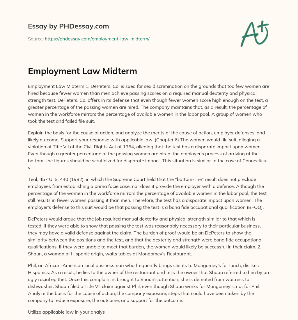 Employment Law Midterm essay