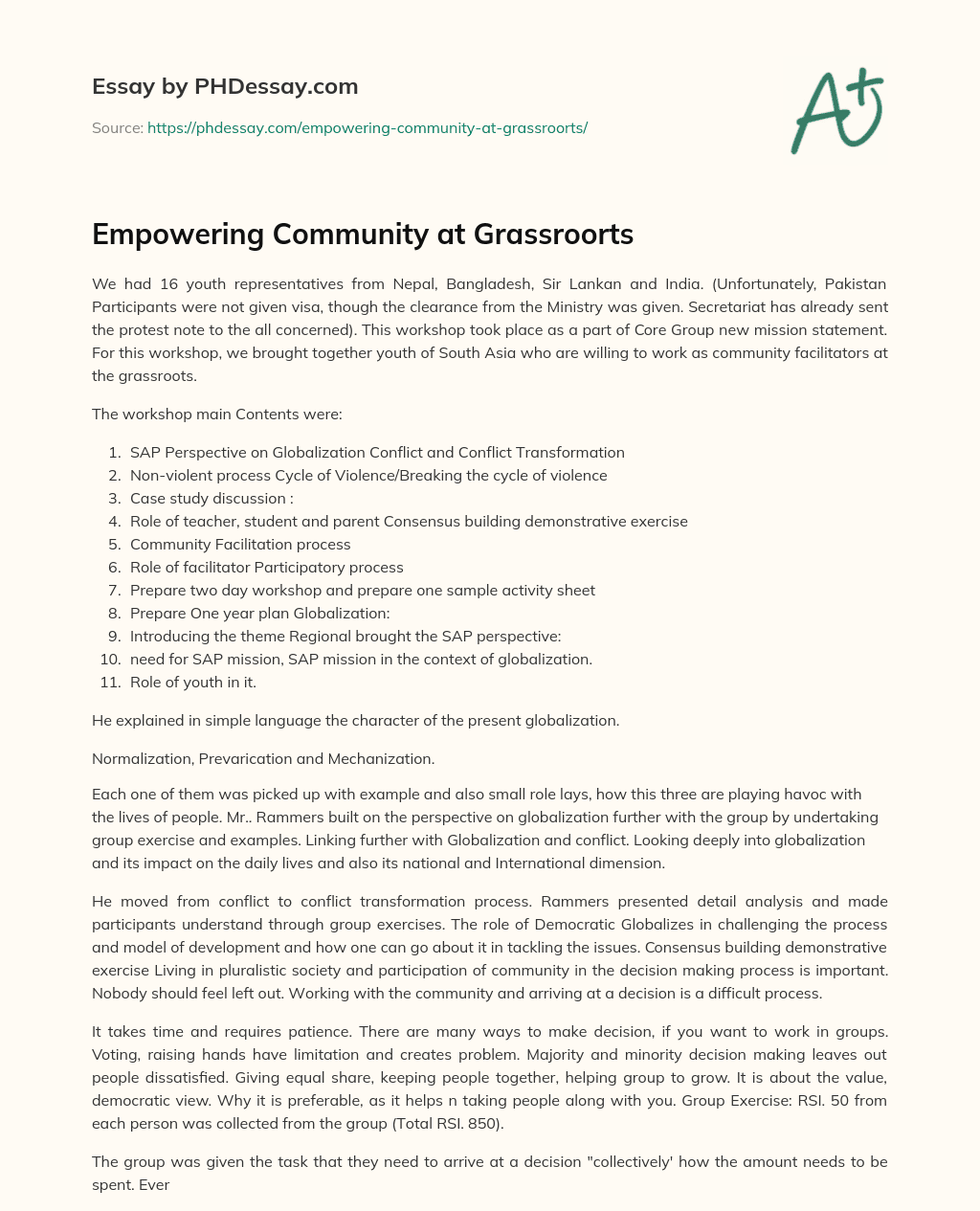 Empowering Community at Grassroorts essay