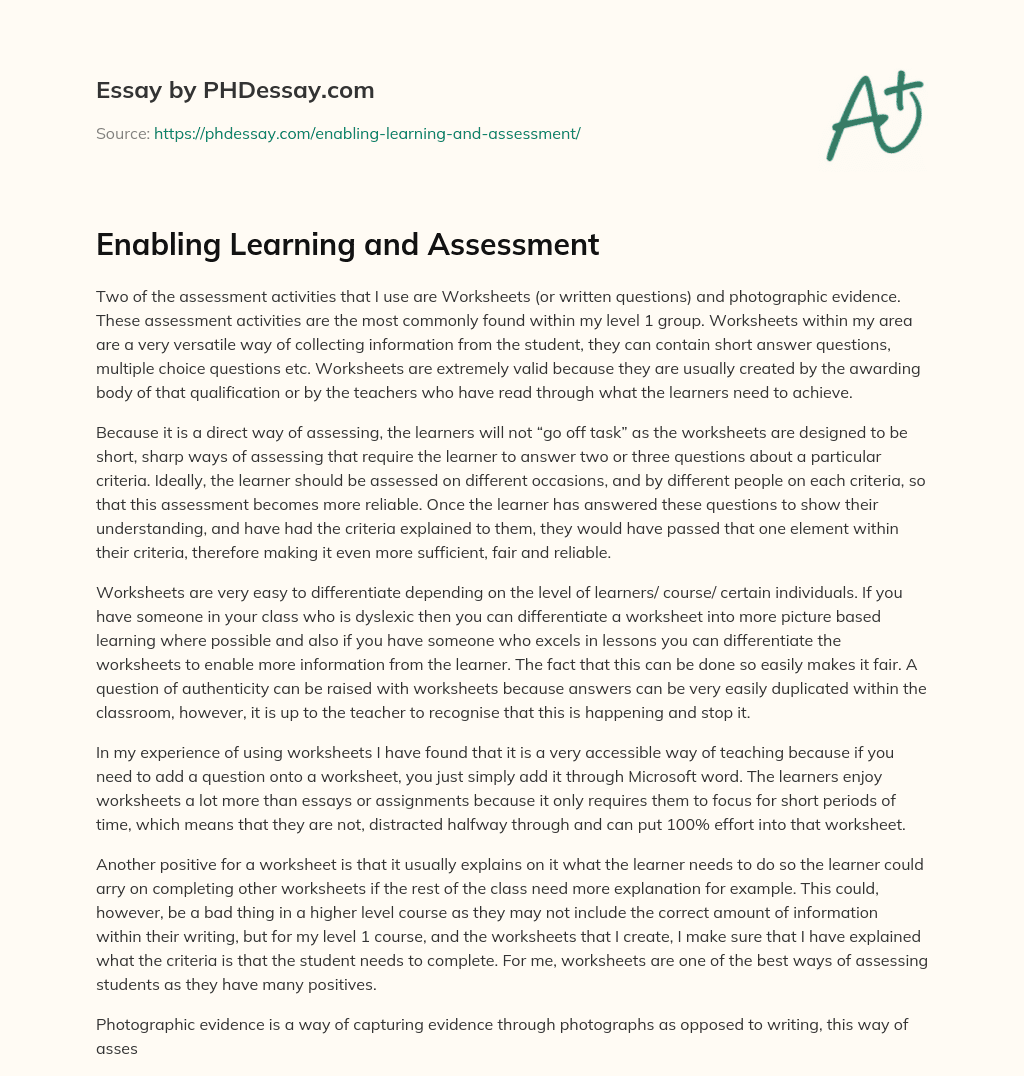 Enabling Learning and Assessment essay