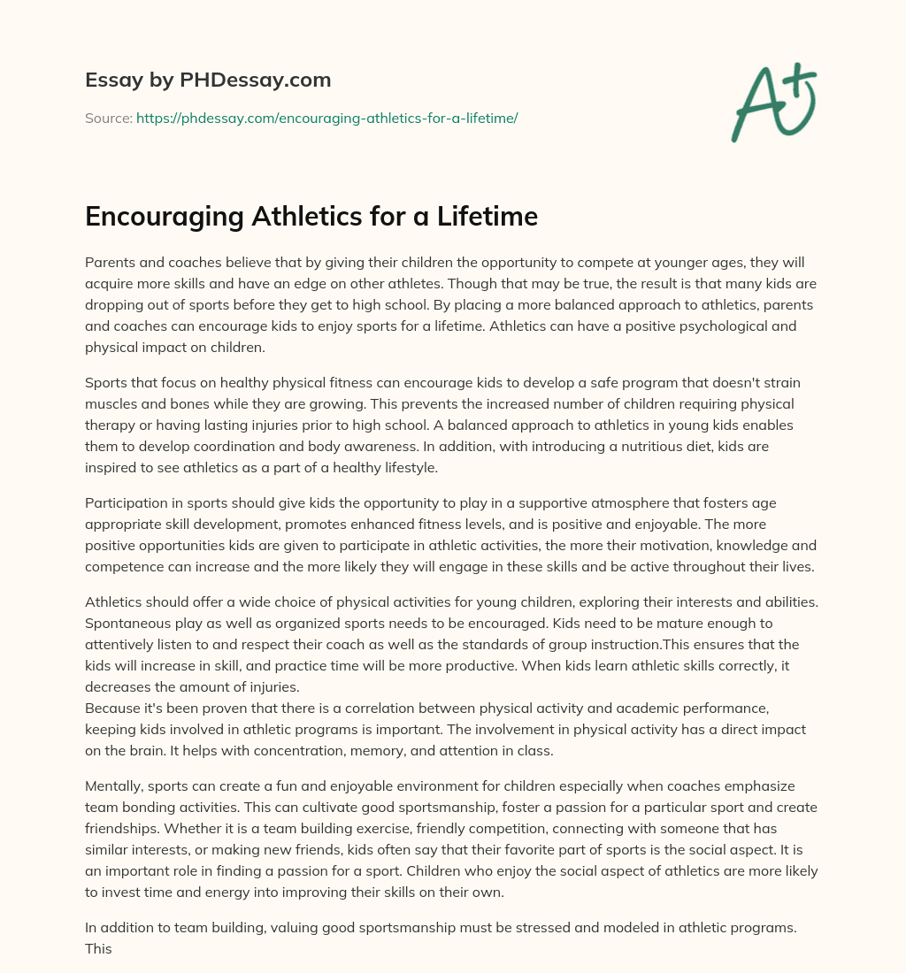 Encouraging Athletics for a Lifetime essay