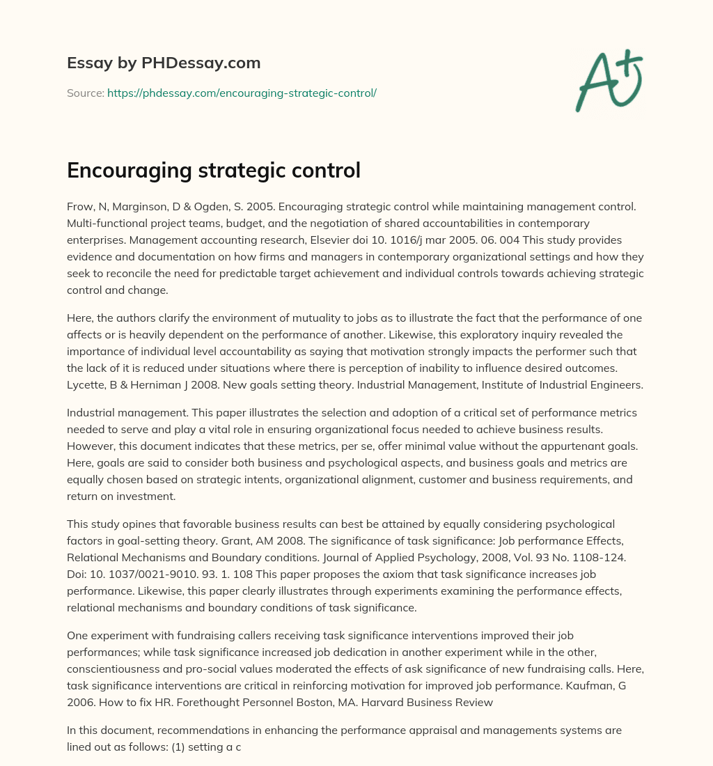 Encouraging strategic control essay