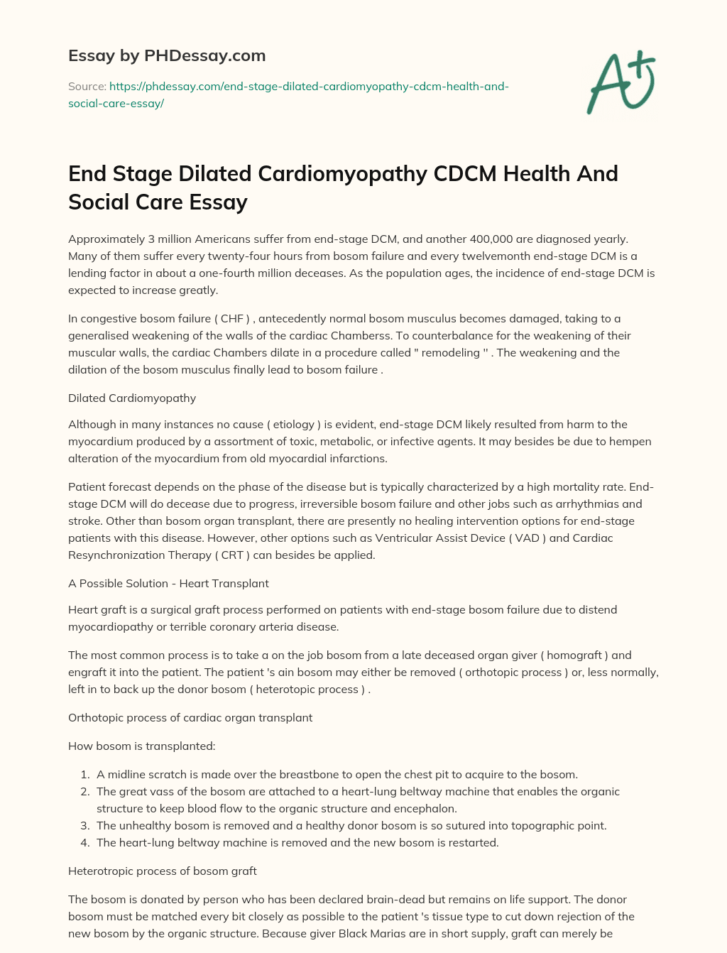 End Stage Dilated Cardiomyopathy CDCM Health And Social Care Essay essay