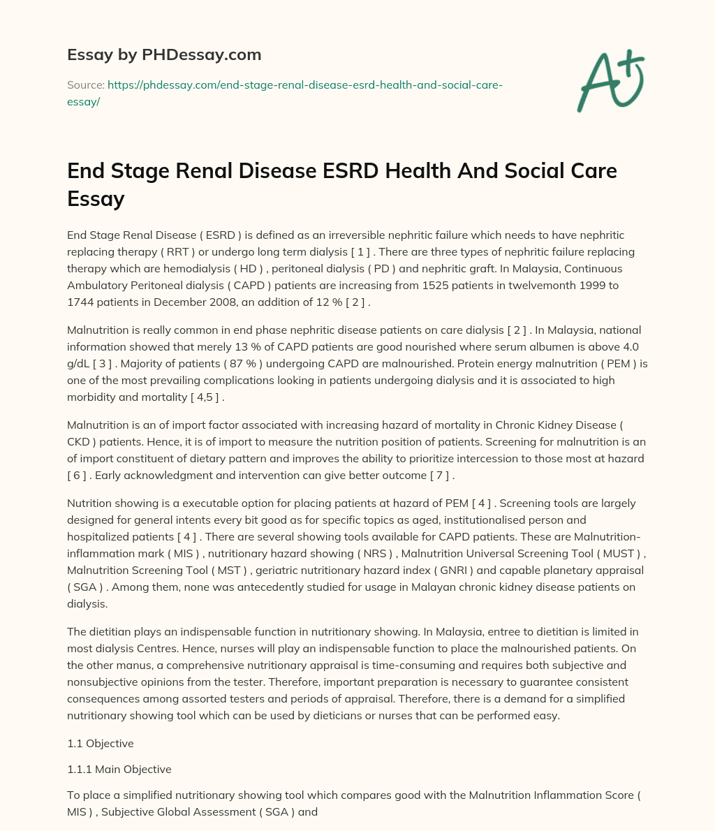 End Stage Renal Disease ESRD Health And Social Care Essay essay