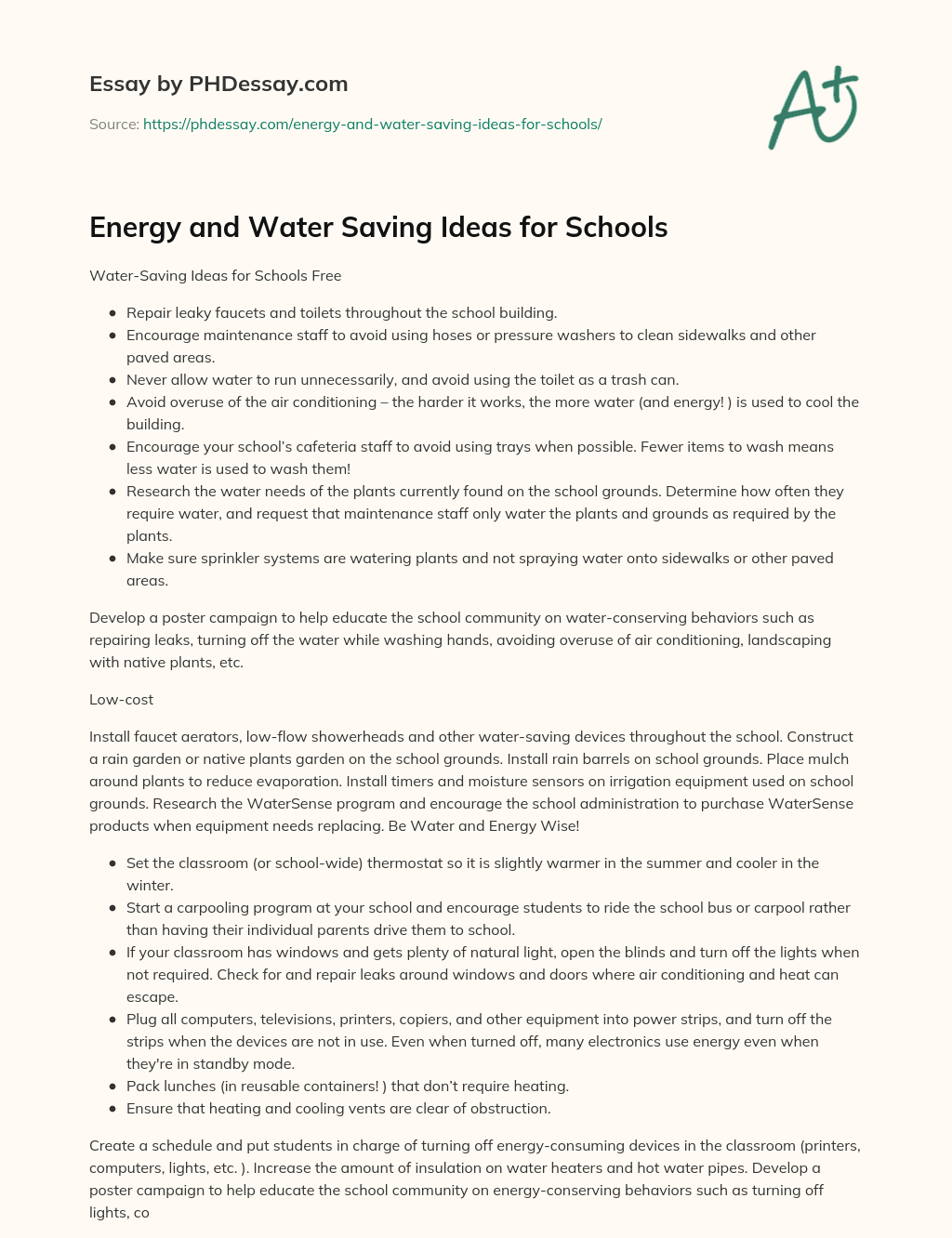 Energy and Water Saving Ideas for Schools essay