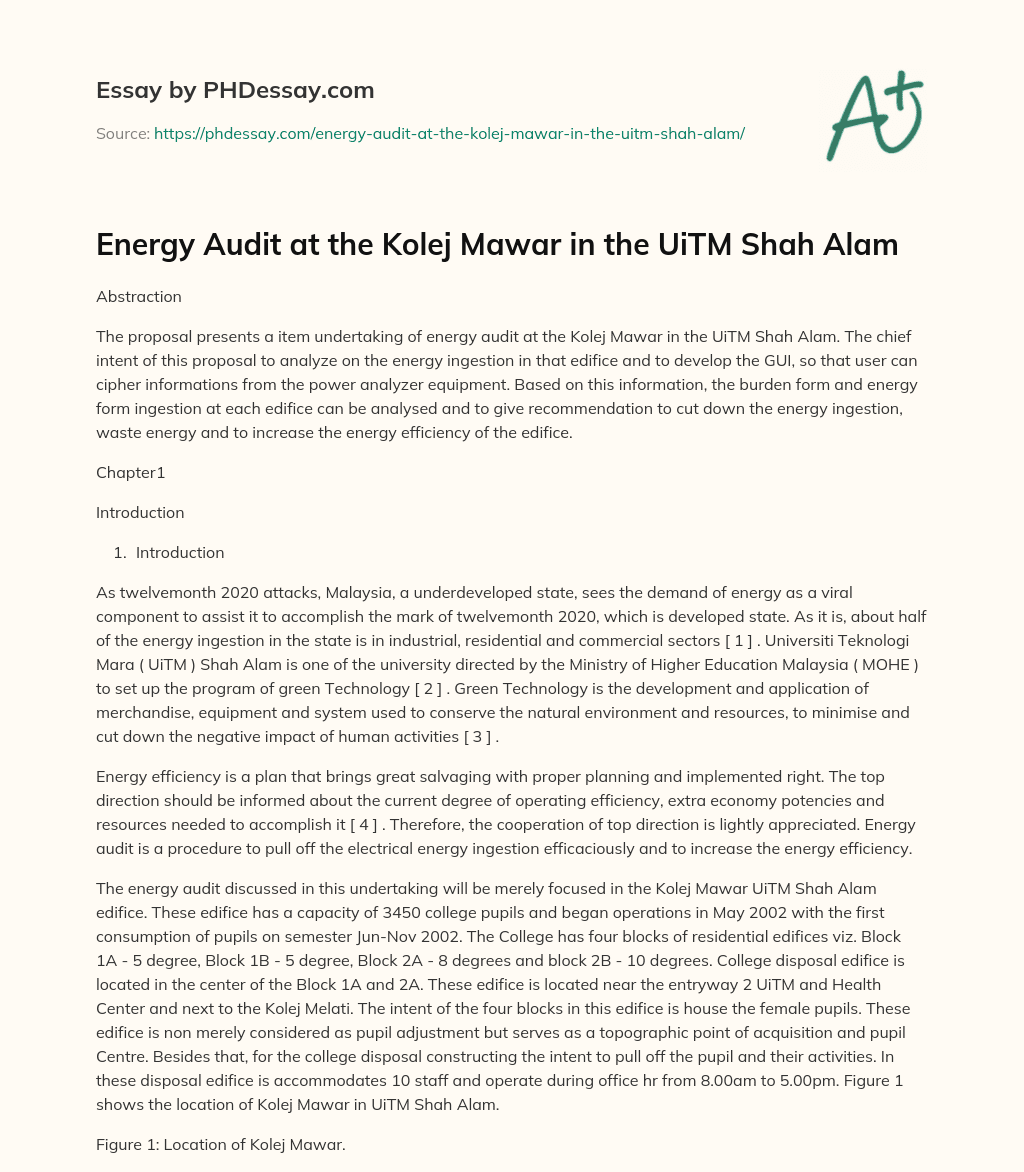 Energy Audit at the Kolej Mawar in the UiTM Shah Alam essay