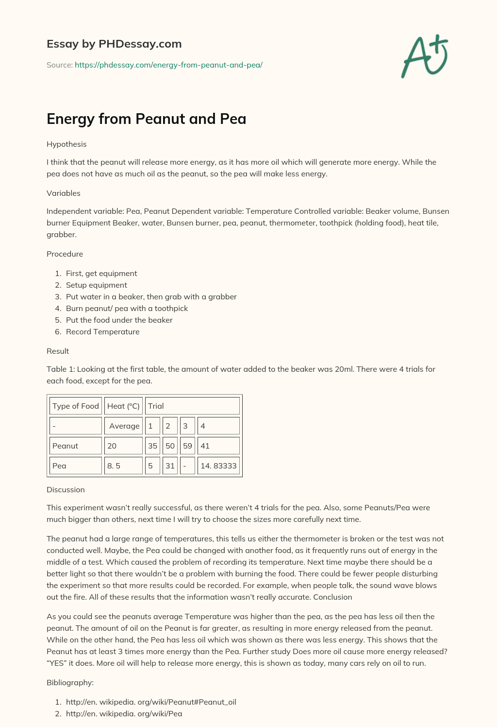 Energy from Peanut and Pea essay