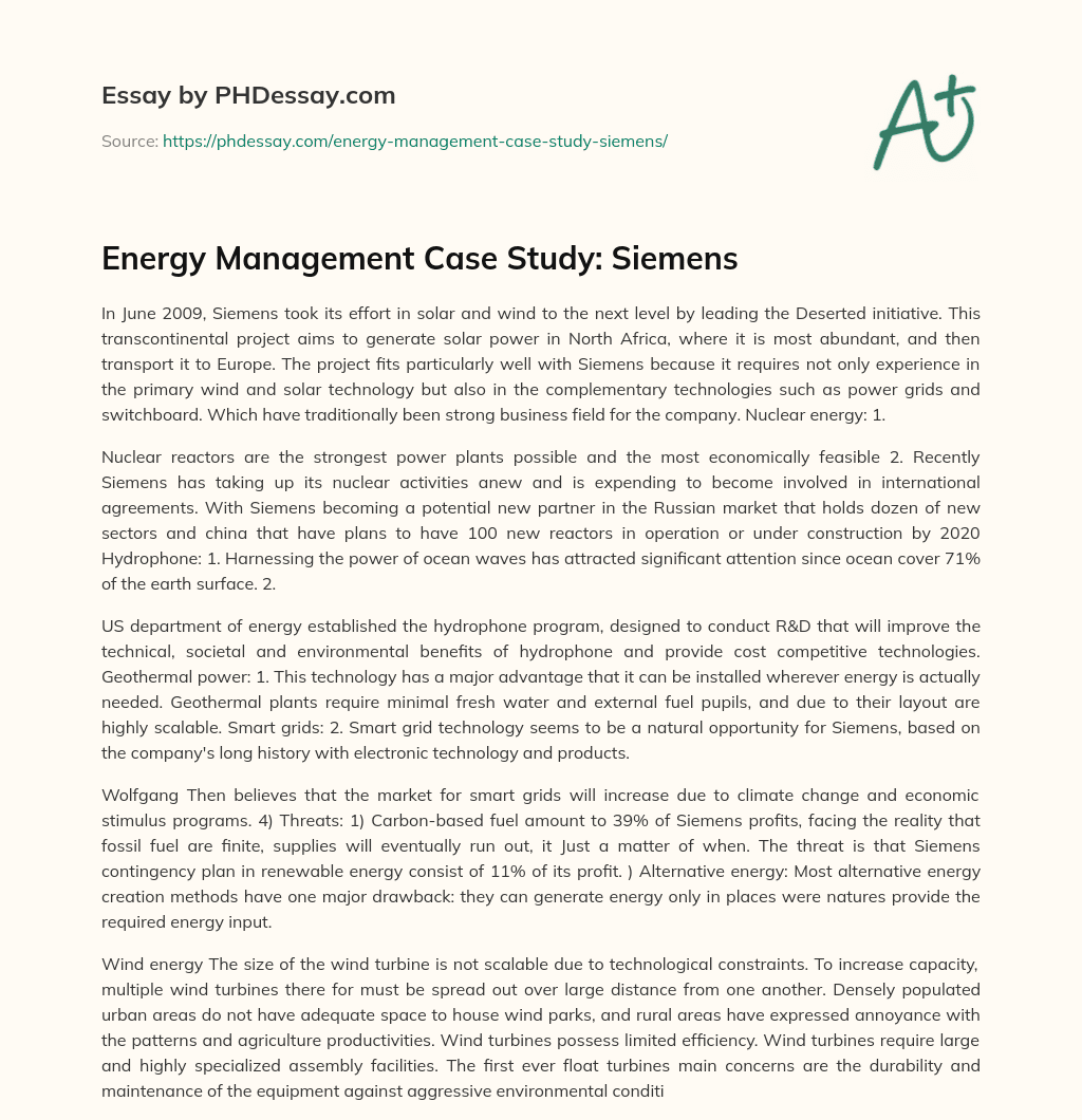 Energy Management Case Study: Siemens essay