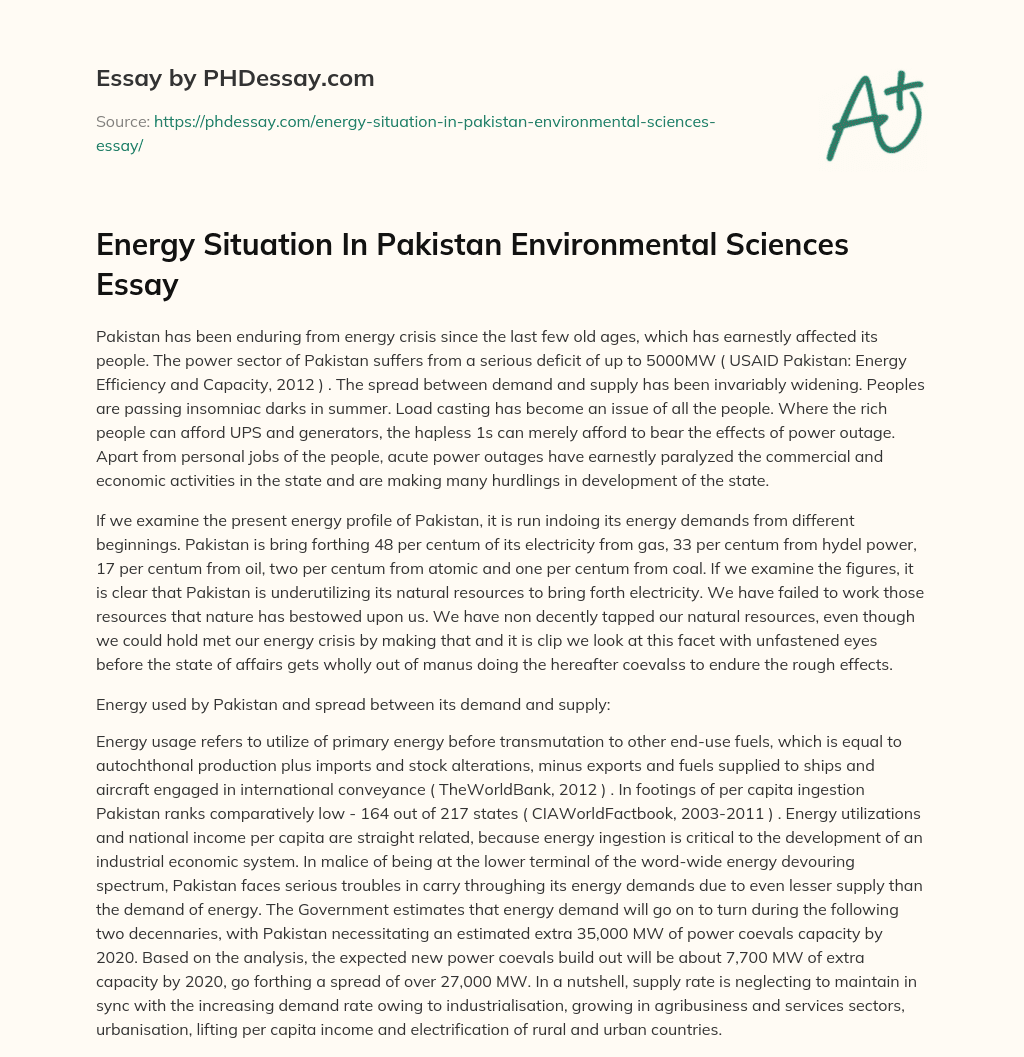 Energy Situation In Pakistan Environmental Sciences Essay essay