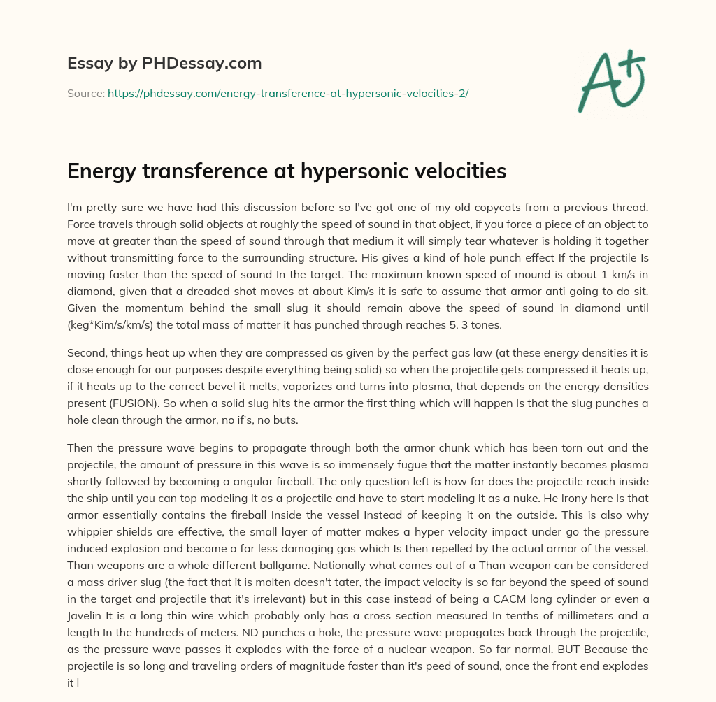 Energy transference at hypersonic velocities essay