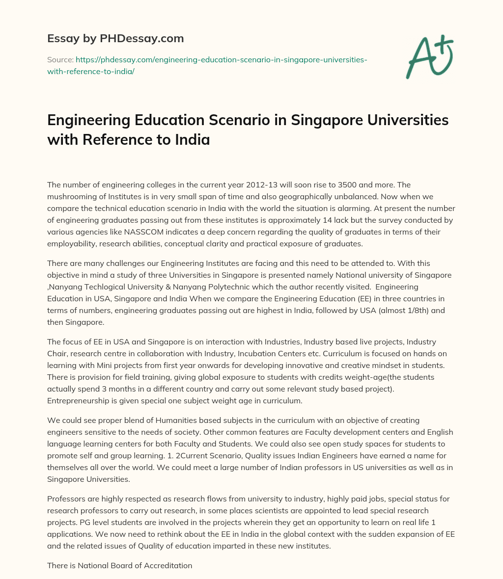 Engineering Education Scenario in Singapore Universities with Reference to India essay