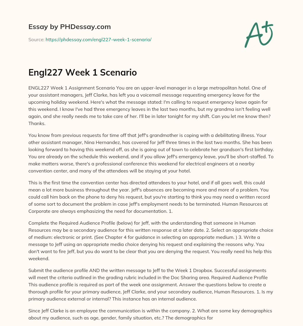 Engl227 Week 1 Scenario essay
