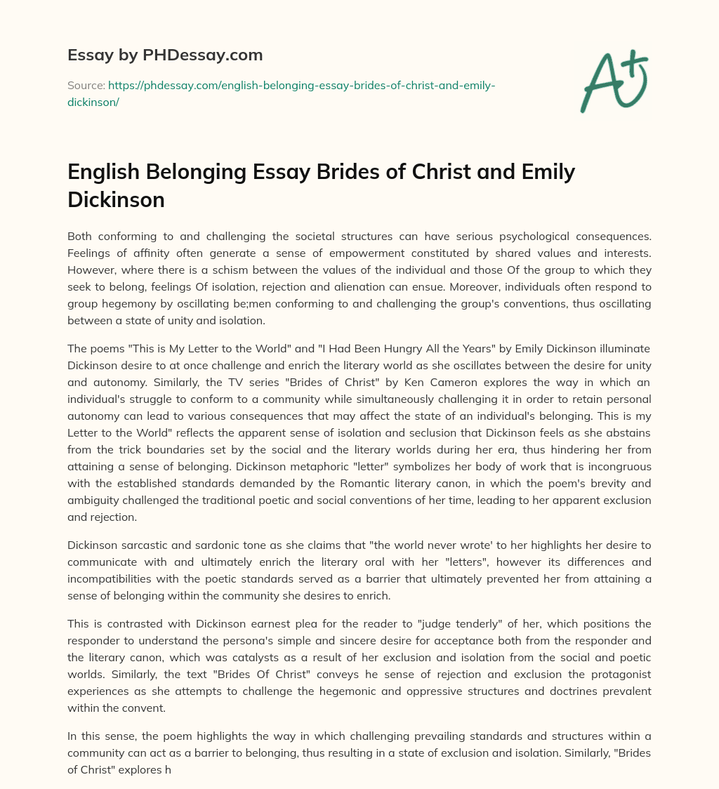 English Belonging Essay Brides of Christ and Emily Dickinson essay