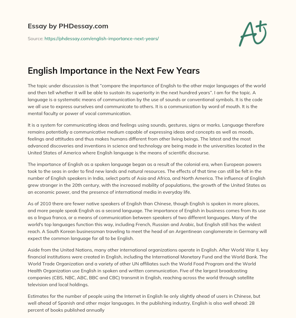 English Importance in the Next Few Years essay