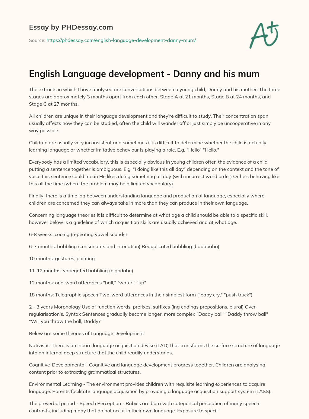 English Language development – Danny and his mum essay