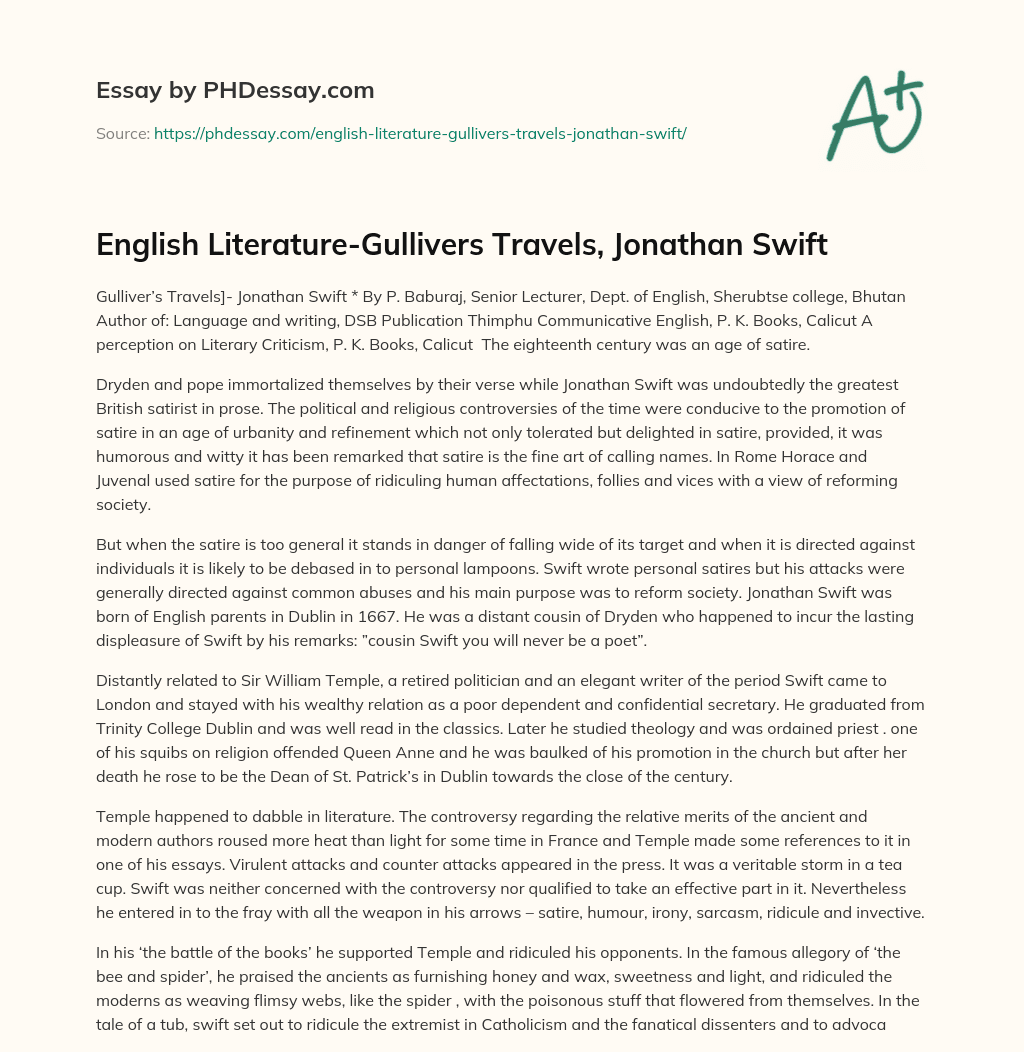 English Literature-Gullivers Travels, Jonathan Swift essay