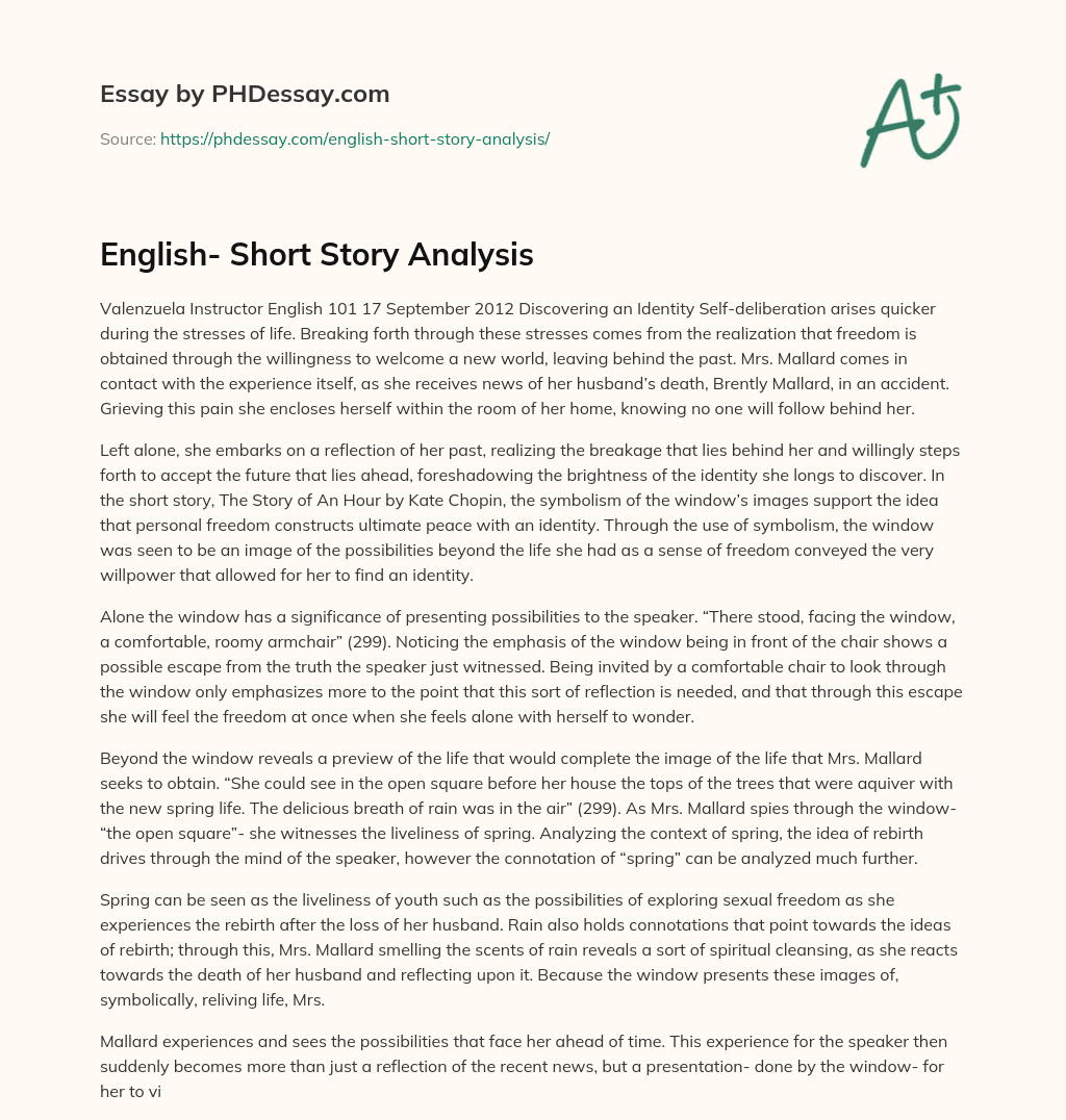 English Short Story Analysis Essay Example PHDessay