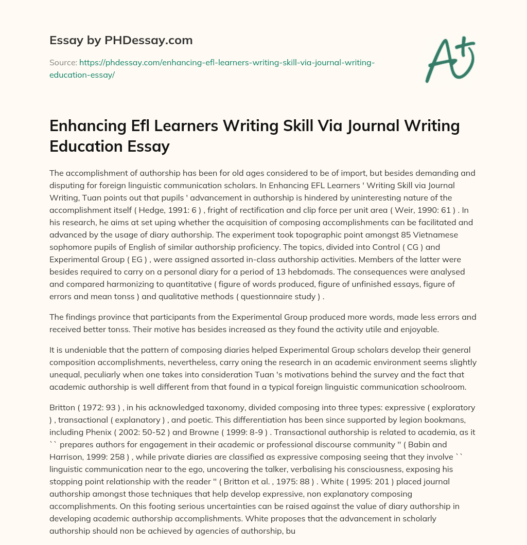 Enhancing Efl Learners Writing Skill Via Journal Writing Education Essay essay