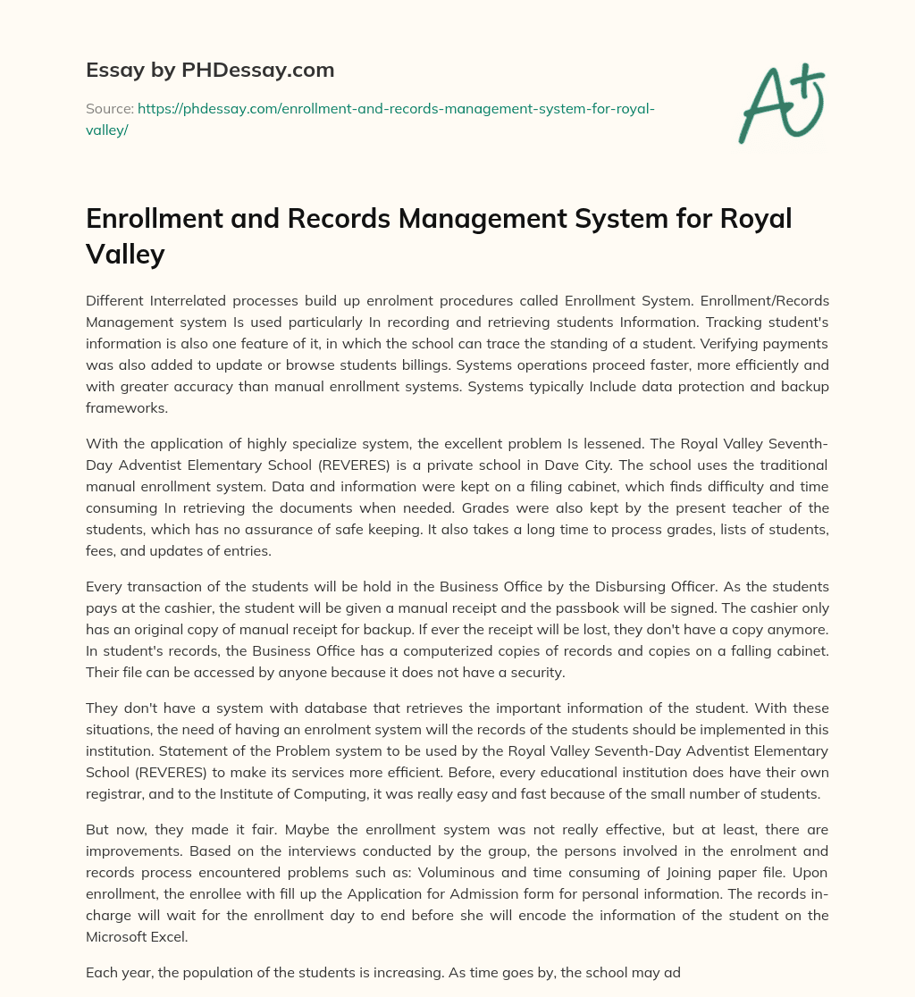 Enrollment and Records Management System for Royal Valley essay