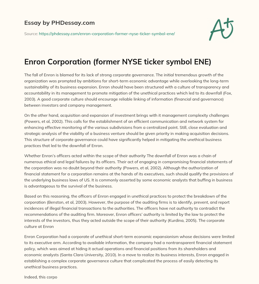 Enron Corporation (former NYSE ticker symbol ENE) essay