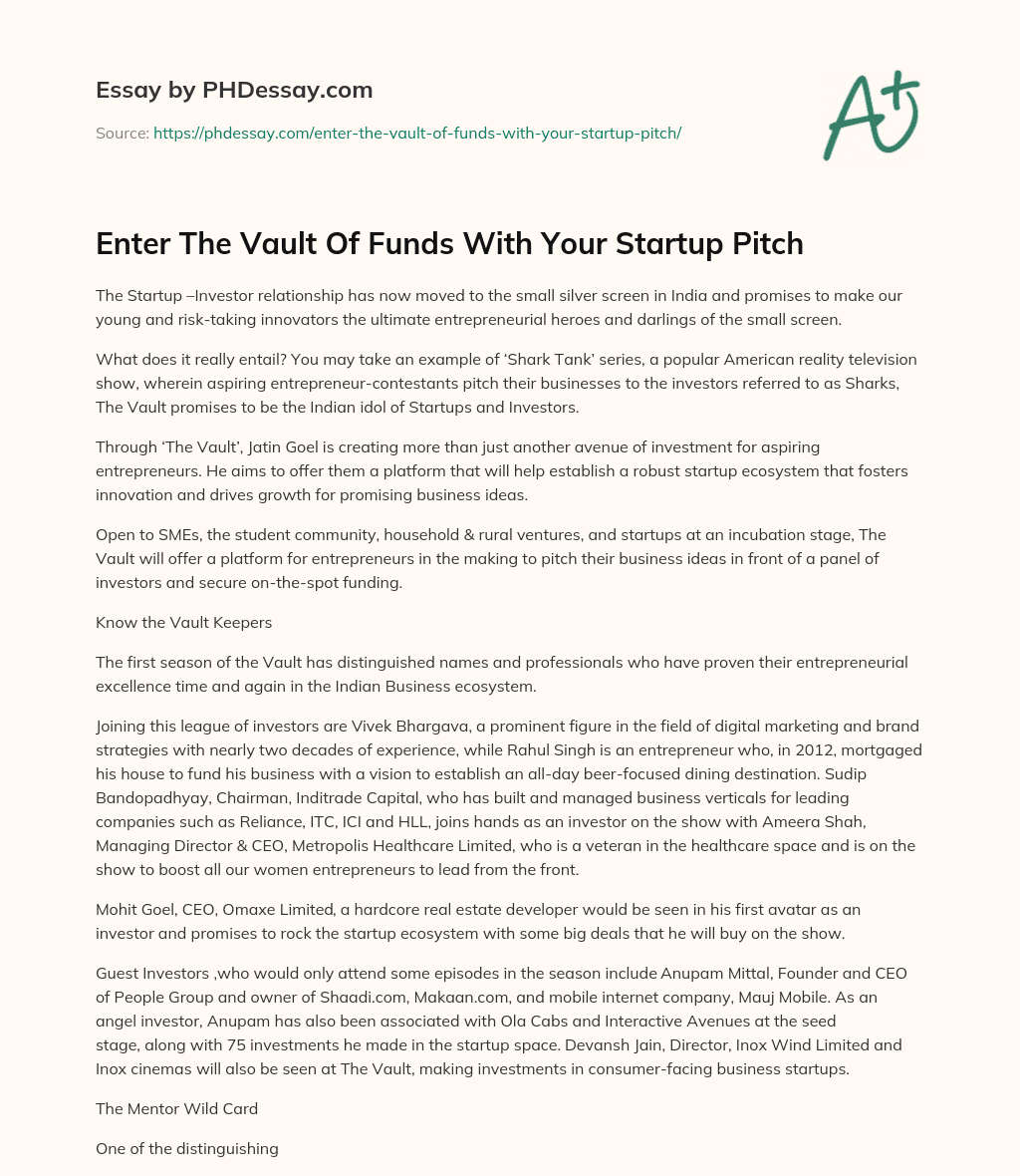Enter The Vault Of Funds With Your Startup Pitch essay