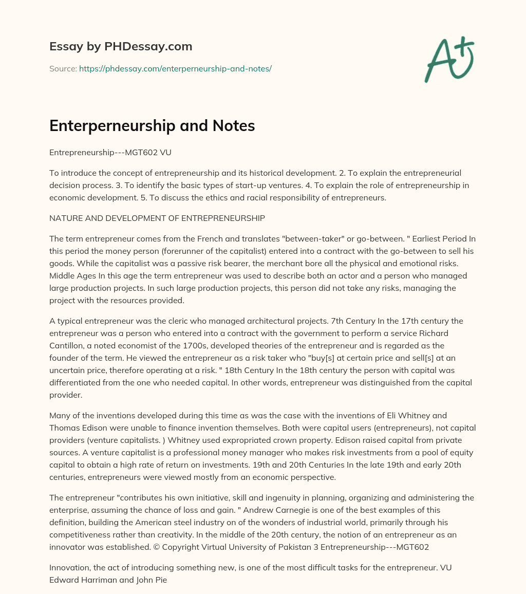 Enterperneurship and Notes essay