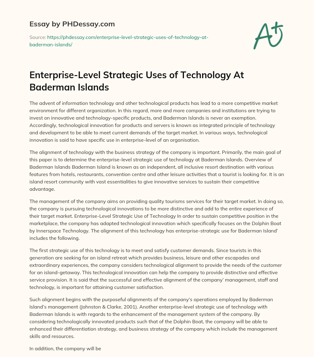 Enterprise-Level Strategic Uses of Technology At Baderman Islands essay