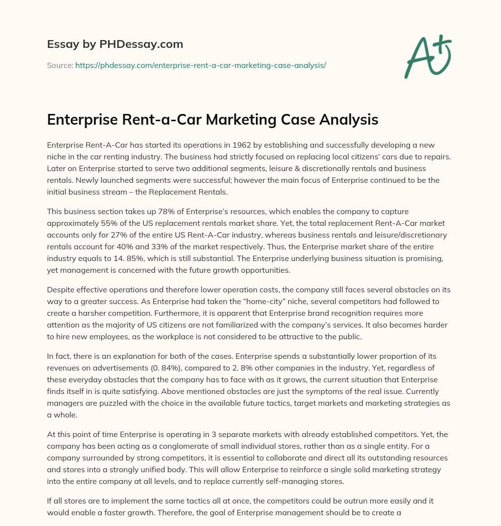Enterprise Rent-a-Car Marketing Case Analysis essay