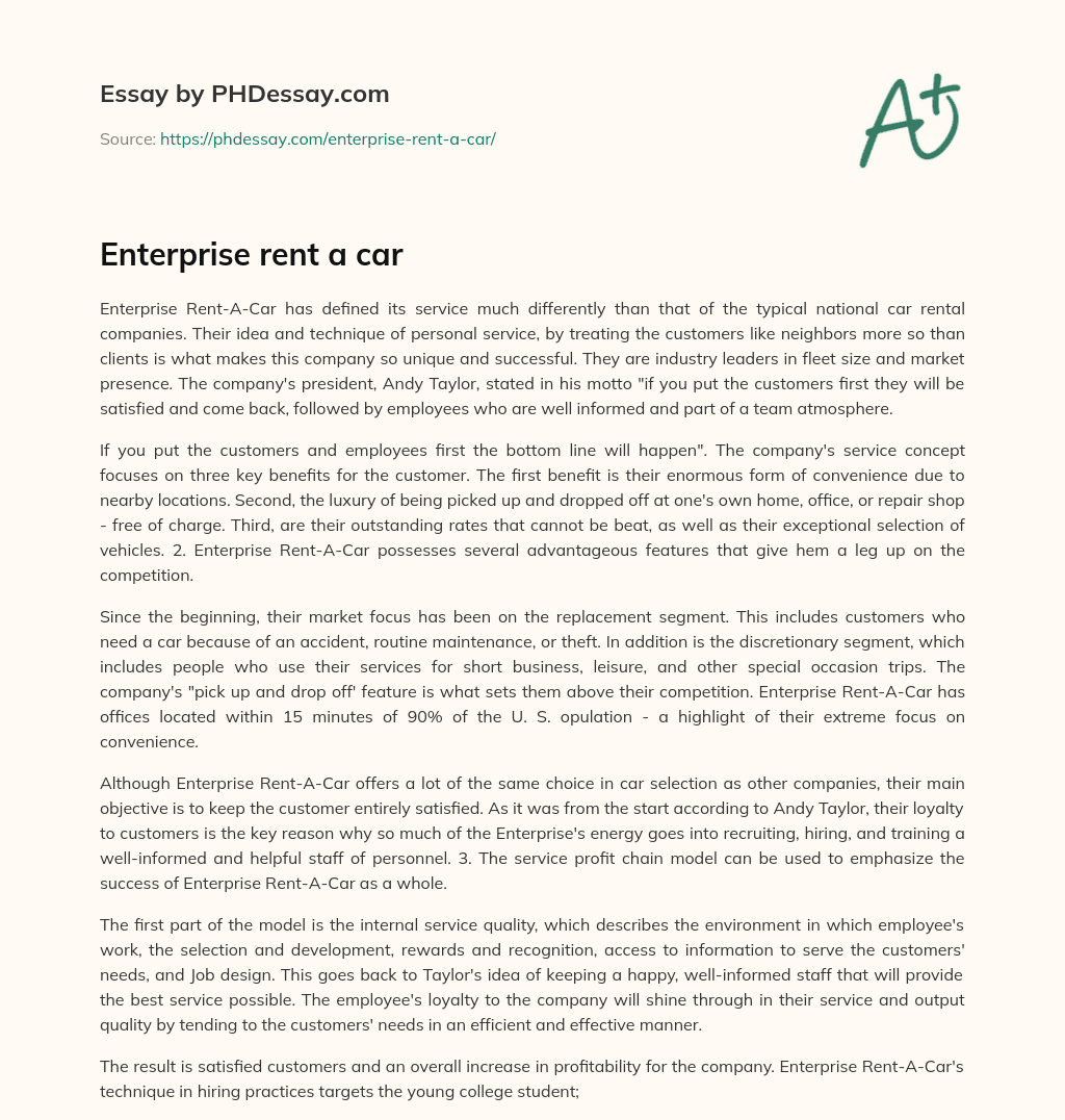 Enterprise Rent-A-Car’s Unique Service Concept and Advantages essay