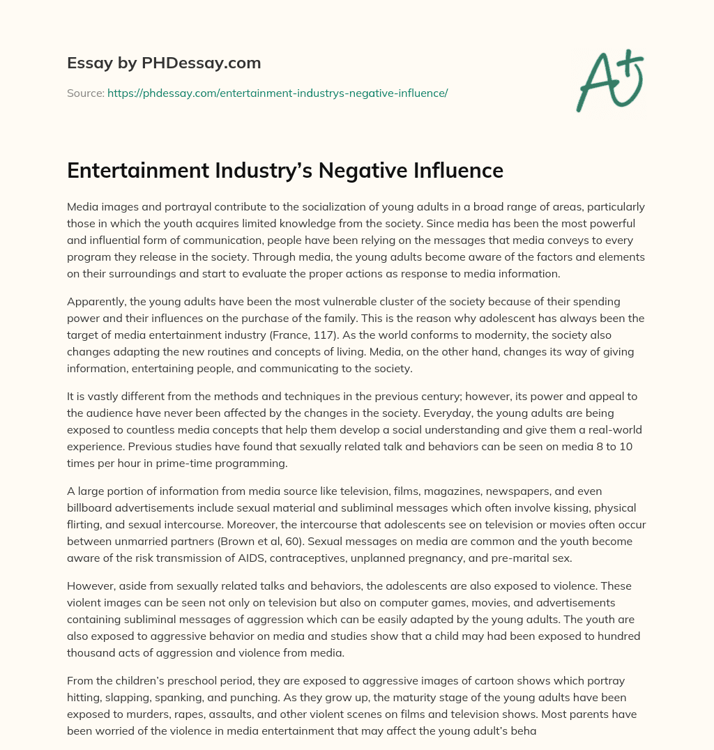 Entertainment Industry’s Negative Influence essay