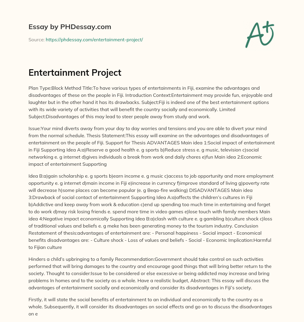 Entertainment Project Essay Example