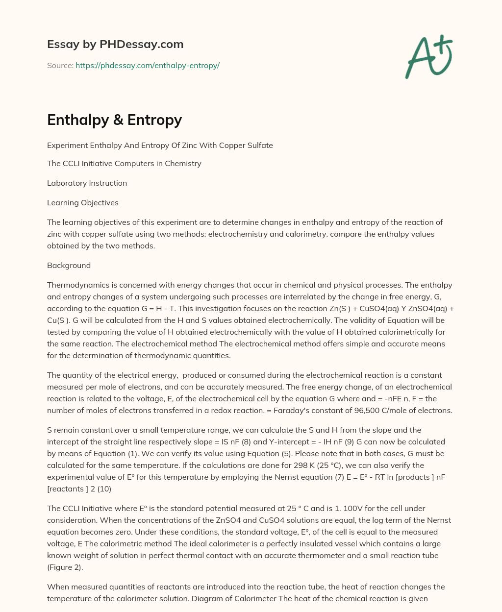 Comparing Enthalpy and Entropy Changes in Zinc-Copper Sulfate Reaction Using Electrochemistry and Calorimetry essay