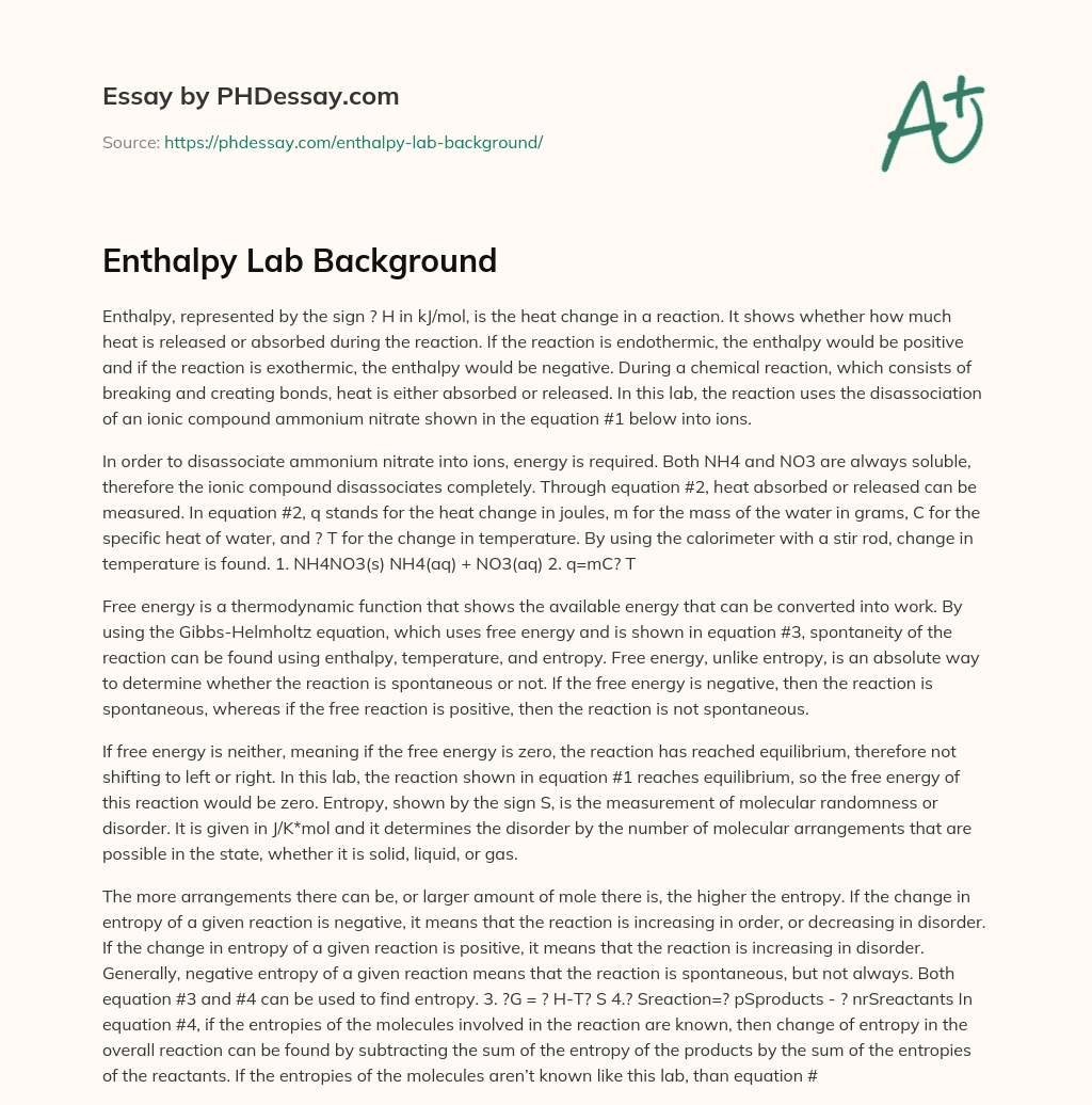 lab enthalpy assignment reflect on the lab