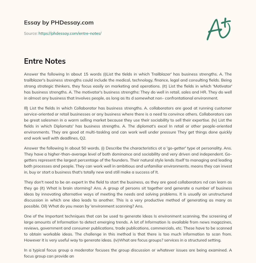 Identifying Business Strengths: Trailblazer, Motivator, Collaborator, and Diplomat essay
