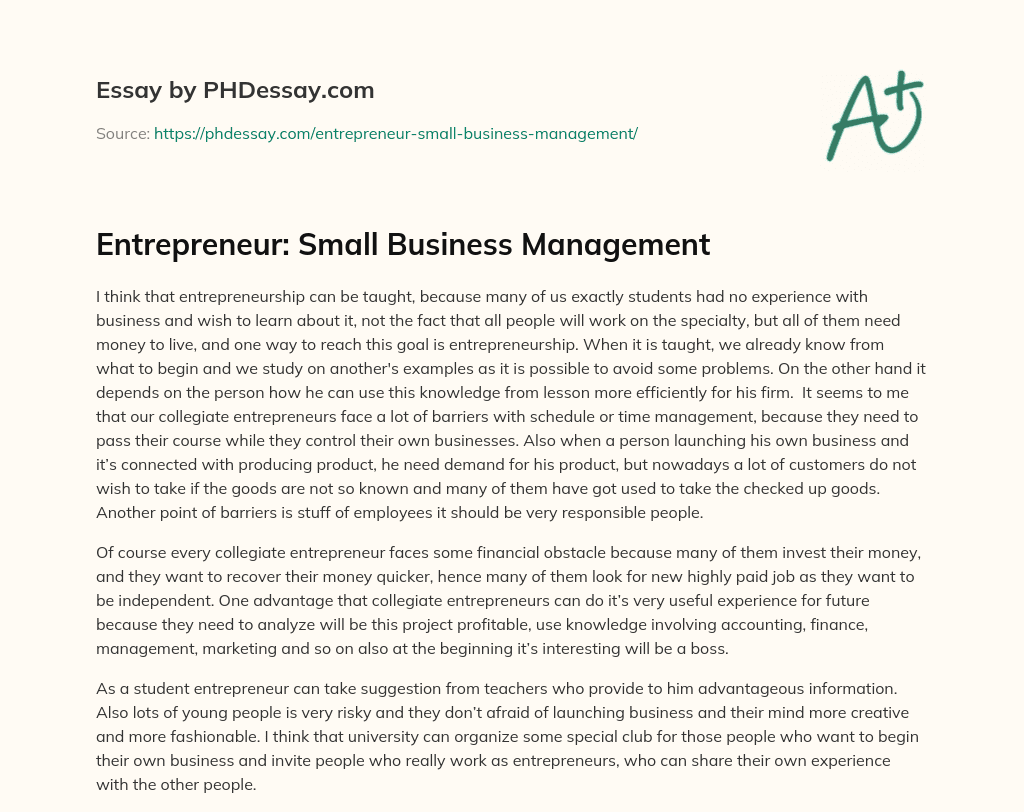Entrepreneur: Small Business Management essay