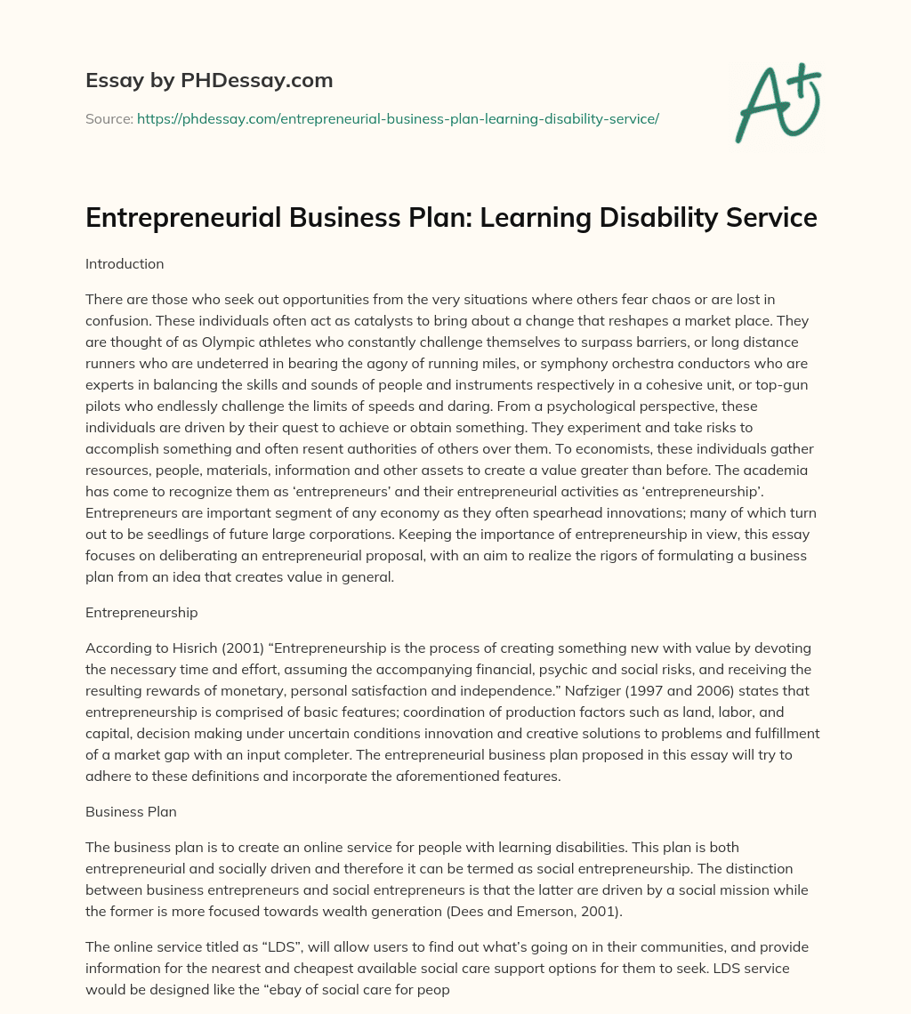 Entrepreneurial Business Plan: Learning Disability Service essay