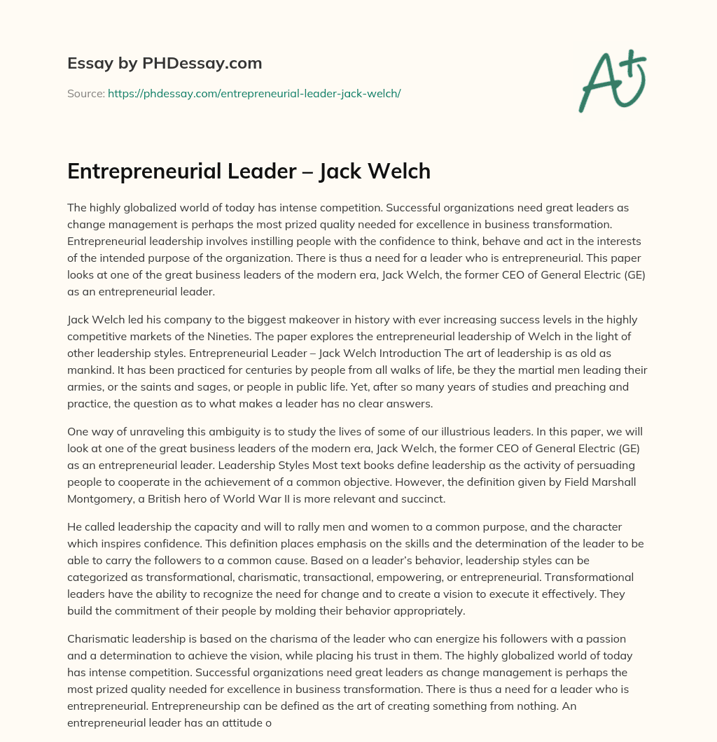 Entrepreneurial Leader – Jack Welch essay