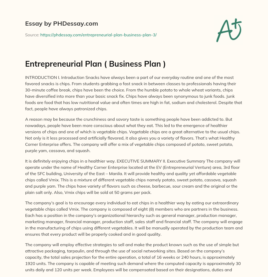 Entrepreneurial Plan ( Business Plan ) essay