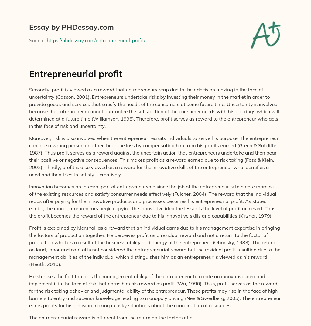 Profit as a Reward for Entrepreneurship and Innovation essay
