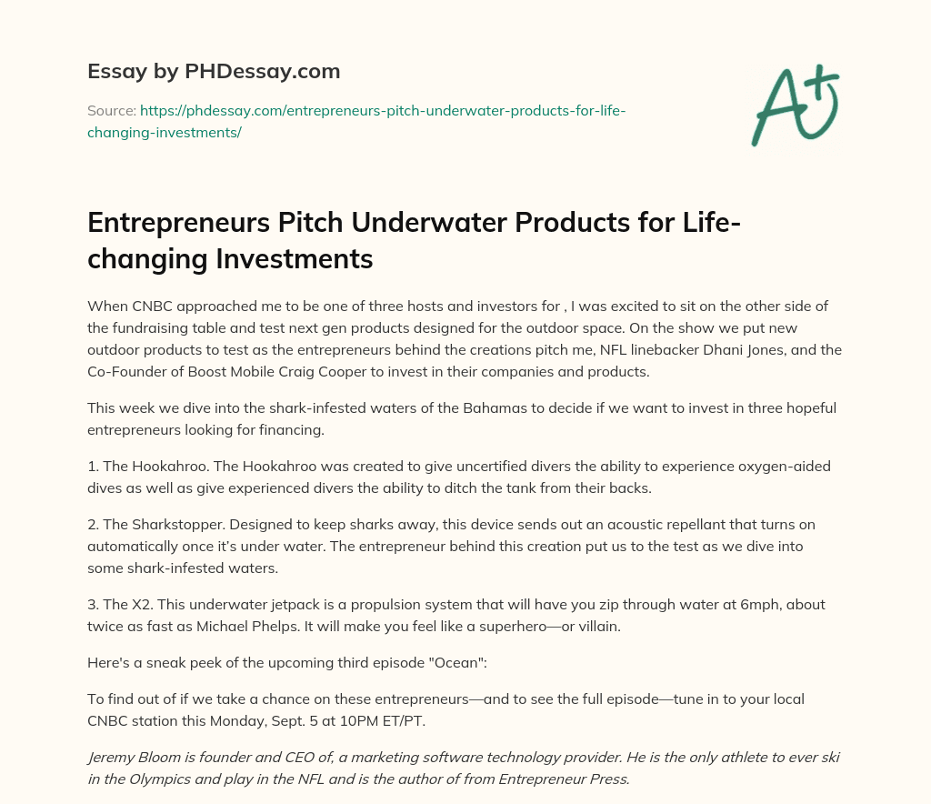 Entrepreneurs Pitch Underwater Products for Life-changing Investments essay