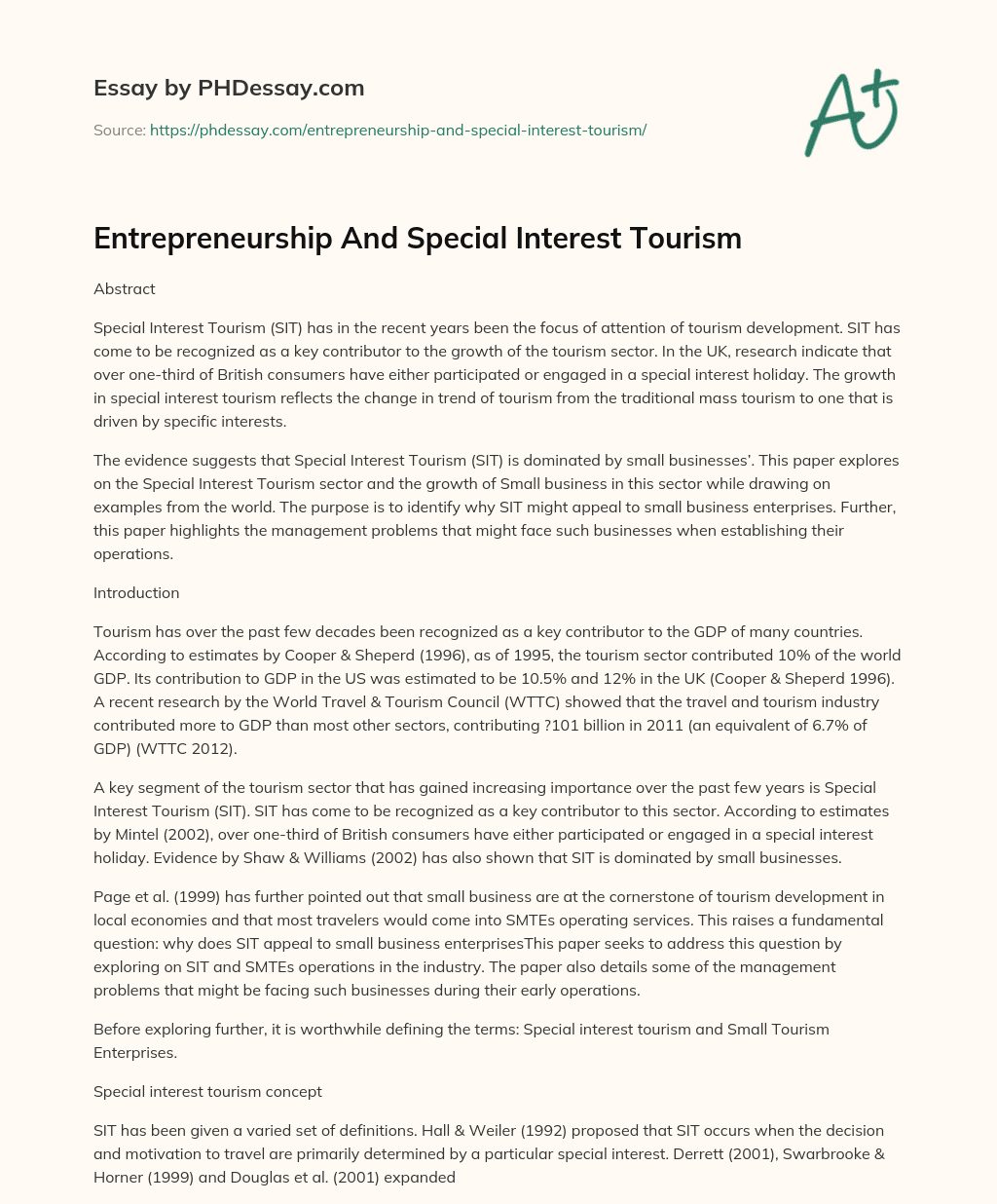 Entrepreneurship And Special Interest Tourism essay