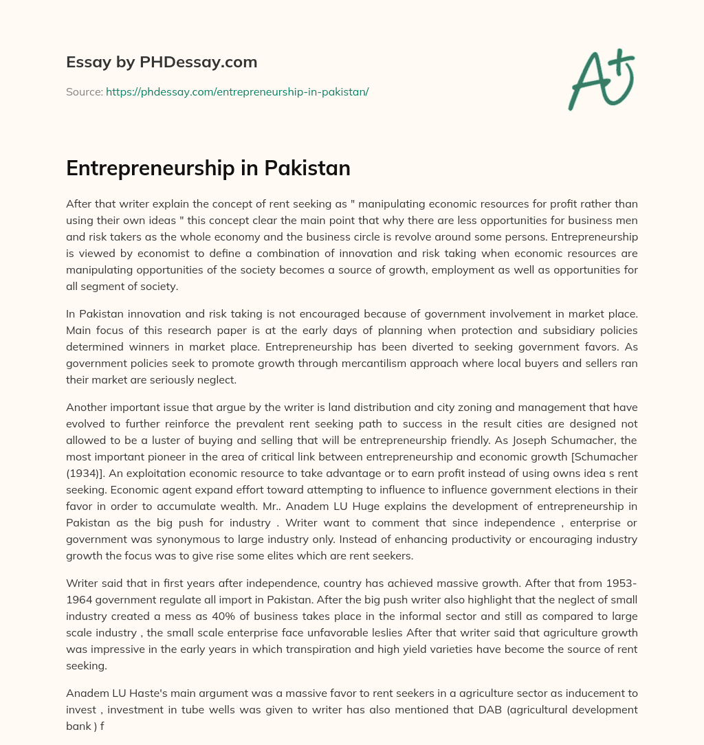 Entrepreneurship in Pakistan essay
