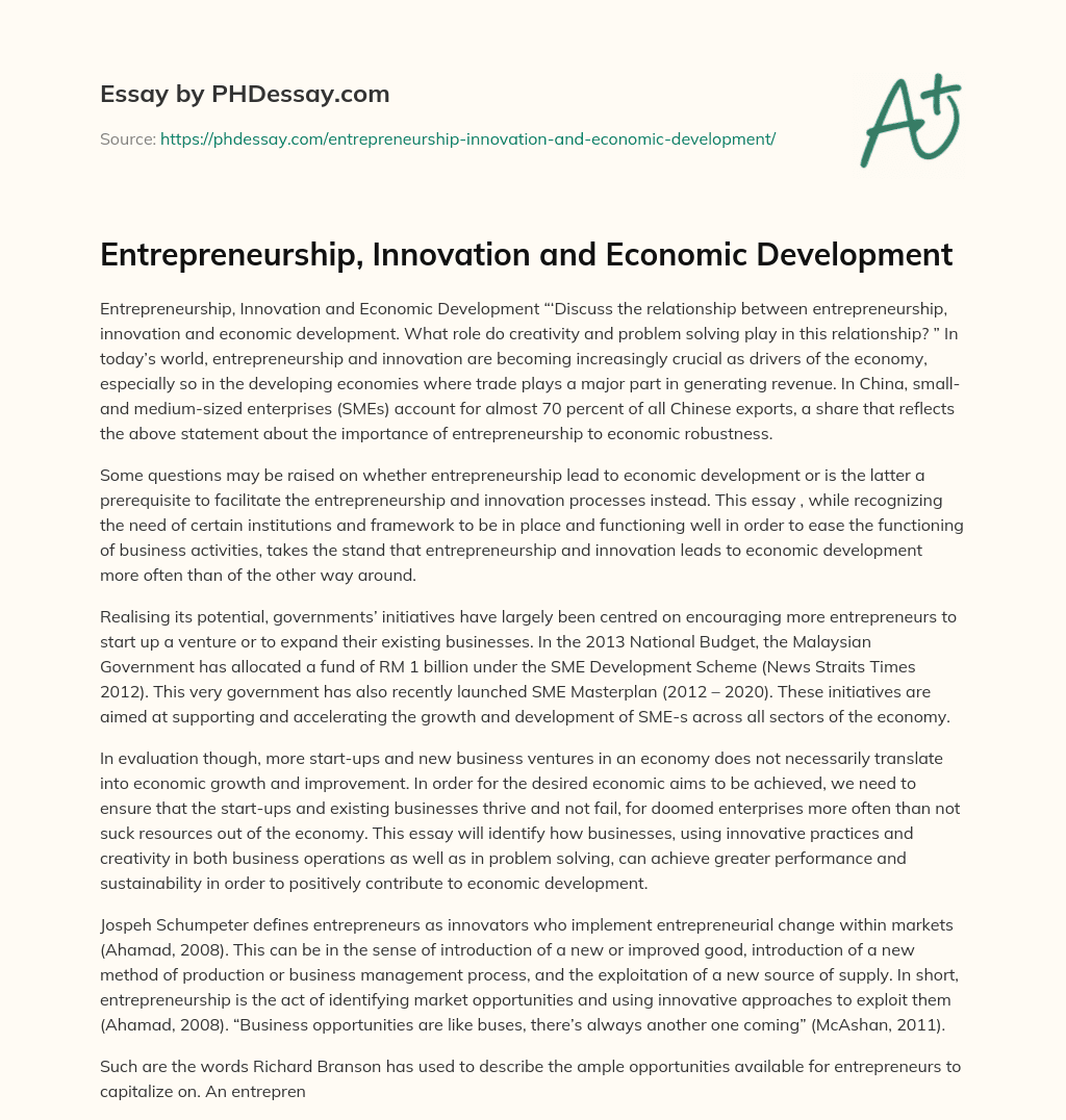 Entrepreneurship, Innovation and Economic Development essay
